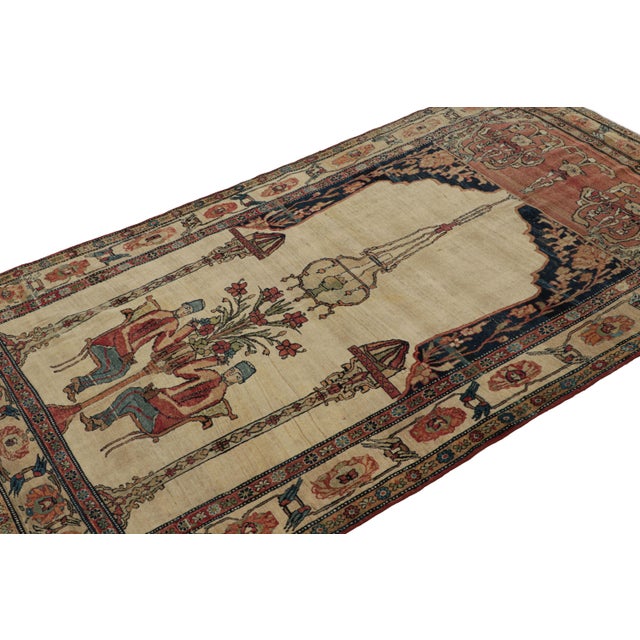 Hand-knotted in wool circa 1910-1920, this 5x8 rug is a very special antique Kerman Lavar piece with pictorial patterns....