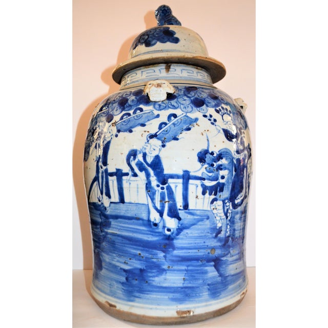 1990s Vintage Chinoiserie White & Blue Children & Qulin Ginger Jar For Sale - Image 4 of 7