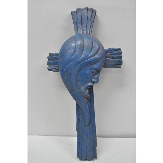 Vintage Religious Jesus Sculpted Resin Blue Mid Century Wall Crucifix Cross For Sale - Image 14 of 14