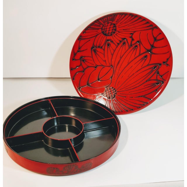 Vintage Japanese Red Lacquer Divided Box and Tray Separates to Three