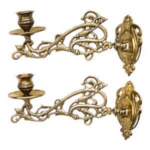 Early 20th Century Art Nouveau French Brass Ornate Piano Wall Candle Sconces - Set of 2