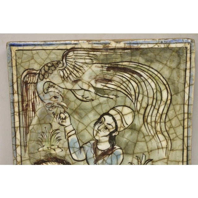 Persian Antique Persian Iznik Qajar Style Ceramic Pottery Tile Light Blue Bird Rider C1 For Sale - Image 3 of 10