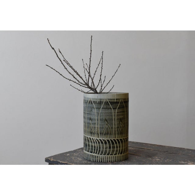 Mid-Century Modern Rare Vintage Large-Scale Puerto Rican Pottery Corp. Glazed Vessel With Incised Motifs, Circa 1950s For Sale - Image 3 of 12