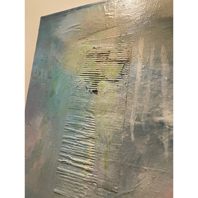 Abstract Light Blue Painting With Mixed Media Red Flower Wallpaper For Sale - Image 4 of 8