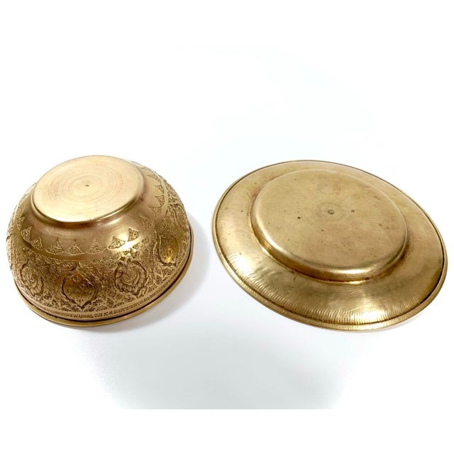 Antique Brass Bowl & Plate Set – Hand-Etched Islamic Floral Motifs For Sale In Phoenix - Image 6 of 6