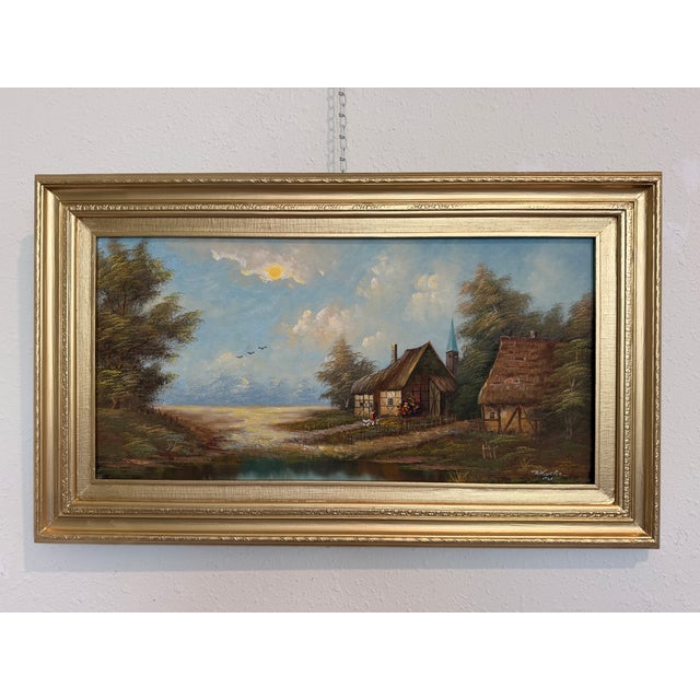 Vintage European Coastal Village Oil Painting Signed Dated 1961 Framed Landscape For Sale - Image 10 of 13