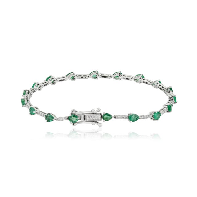Dark Green 2.44ct Pear-Shaped Emerald & Diamond Tennis Bracelet 7 Inches in 14k White Gold For Sale - Image 8 of 14