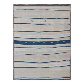 Vintage Flat-Weave Kilim With Navy Blue, Light Green & Taupe in Striped Design For Sale