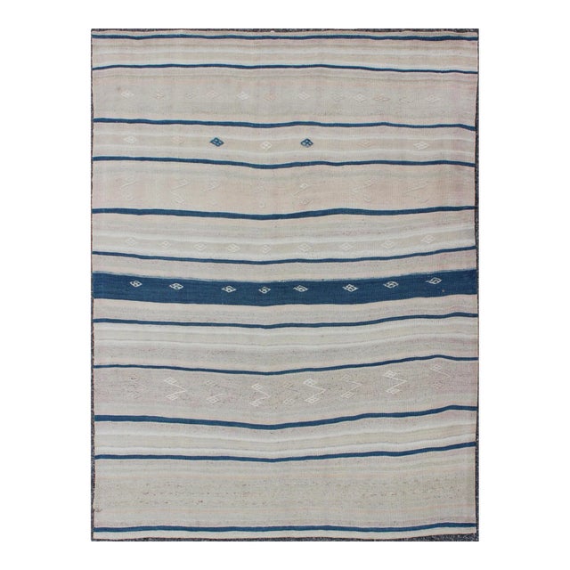 Vintage Flat-Weave Kilim With Navy Blue, Light Green & Taupe in Striped Design For Sale