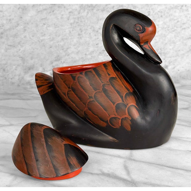 Chinese Vintage Chinese Black & Red Lacquer Swan Storage Box Jar For Sale - Image 3 of 11