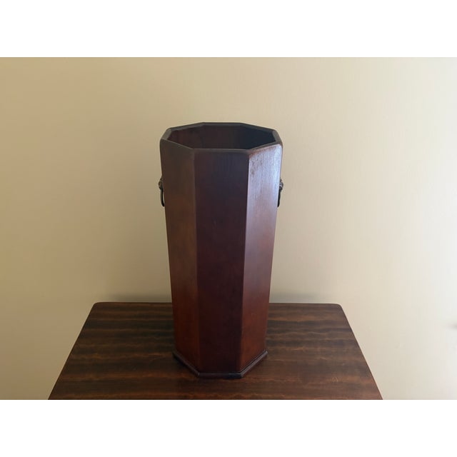 Mid-Century Octagonal Wood Umbrella Stand With Brass Lion-Head Ring Handles For Sale - Image 9 of 10
