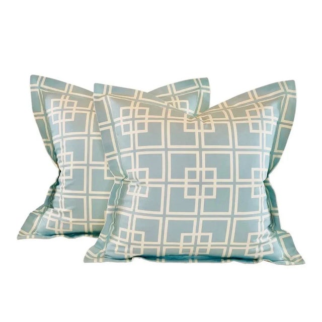 Free Spirit Designer Vicki Payne Aqua & Cream Chinoiserie Chippendale Fretwork Lattice Trellis Fabric- 9.16 Yards For Sale In Jacksonville, FL - Image 6 of 7