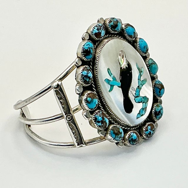 1970s 1970s Vintage Southwestern Dine’ Navajo Ben Touchine Turquoise & Sterling Large Cuff Bracelet - 7” For Sale - Image 5 of 11