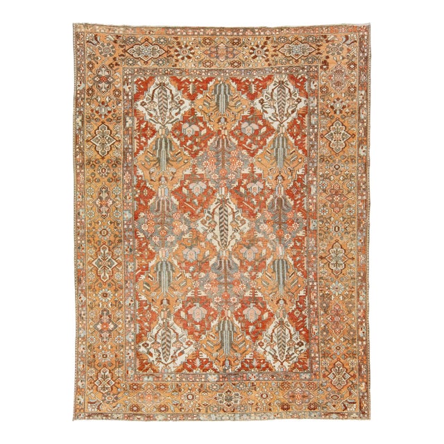 Handmade 1920s Persian Bakhtiari Wool Rug With Floral Motif in Orange For Sale