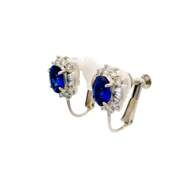 Early 21st Century Blue Sapphire Diamond 14k White Gold & Platinum Clip Earrings, A Pair For Sale - Image 5 of 5