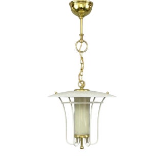 Caged Opaline Glass, Cream and Brass Pendant Lantern, Germany, 1950s For Sale