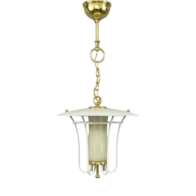 Caged Opaline Glass, Cream and Brass Pendant Lantern, Germany, 1950s For Sale