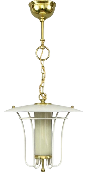 Caged Opaline Glass, Cream and Brass Pendant Lantern, Germany, 1950s