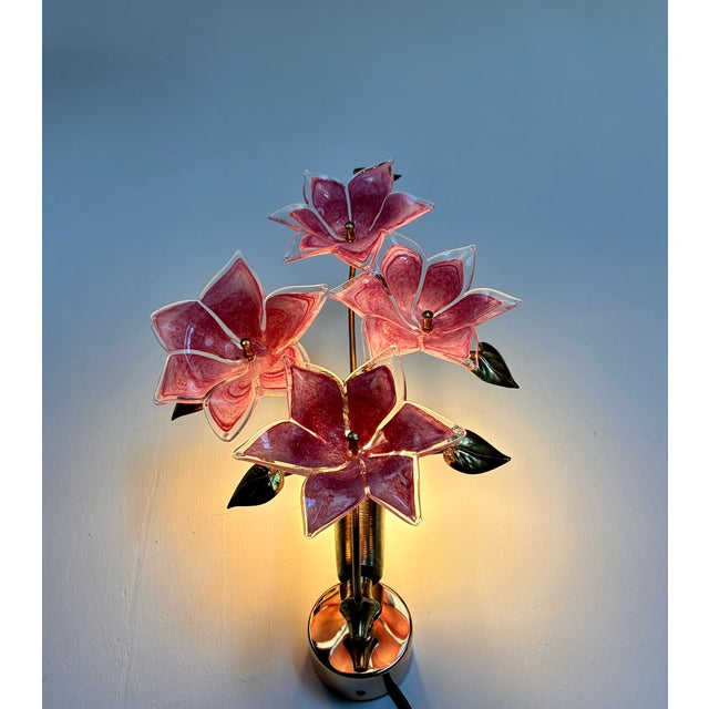 Vintage Art Deco Murano Dark Pink Glass Wall Sconce – Hand-Painted Floral Light For Sale - Image 4 of 11