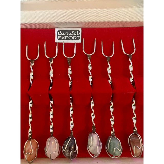Silver Vintage Barasch Aco Inox Semi Precious Stone Cocktail Forks- Set of 6 For Sale - Image 8 of 11
