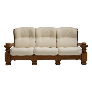 1970s French Chestnut Brown Brutalist Oak Upholstered Sofa For Sale