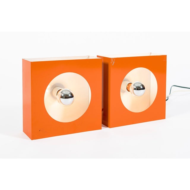 Metal Vintage Mid Century Modern Attributed to Disderot Orange Metal Wall Light Sconces For Sale - Image 7 of 10