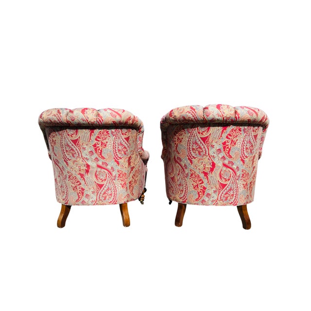 Late 20th C Baker Furniture Tufted Club Armchairs, George Smith Style Paisley Upholstery, Brass Casters – Pair For Sale - Image 11 of 18