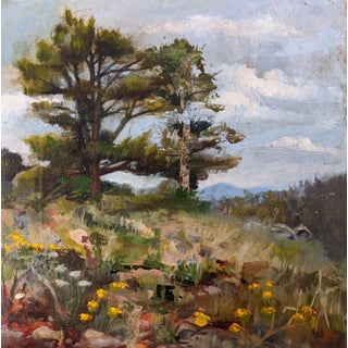 Landscape I by Caitlin Hurd | Oil on board Landscape with trees and wildflowers. For Sale