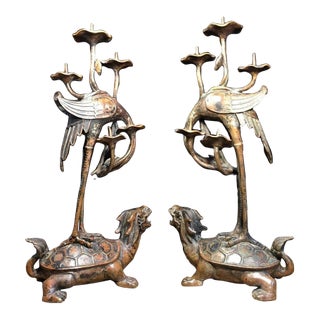 Pair of Vintage Bronze Turtle Dragon and Crane Candle Holders For Sale