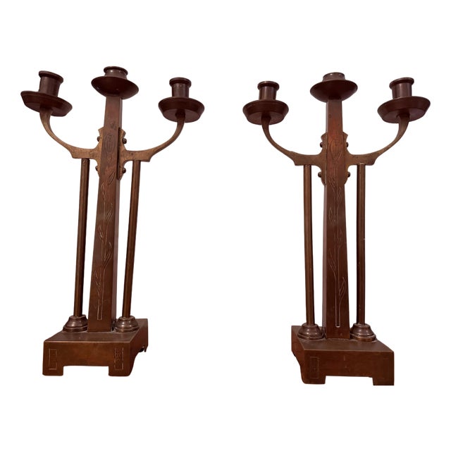 Dutch Amsterdam School Arts and Crafts 1910 Pair of Brass Candleholders For Sale