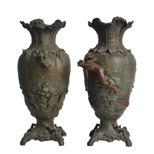Antique French Bronze Nude Female Vessel Ship Planter Vase Urns - a Pair For Sale