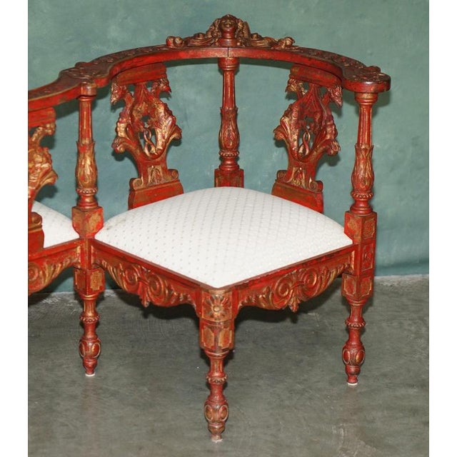 19th Century Carved Red & Gilt Tête-à-Tête Lovers Conversation Settee C.1880 A spectacular and highly unusual late 19th...