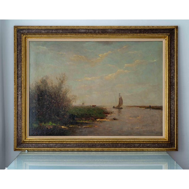 Large Dutch Hague School Windmill Landscape Oil Painting with Polder Lake & Sailboat by Victor Bauffe, Circa 1900, Framed For Sale - Image 3 of 18