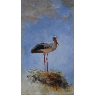 A Stork in Alsace by Linda Tracey Brandon | Oil on Linen Panel Stork standing on a nest. For Sale