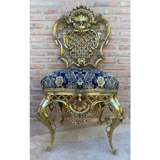 Gold 1930s Italian Rococo Style Giltwood Chair with Rich Blue Damask Upholstery For Sale - Image 8 of 18