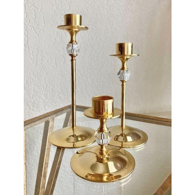 Brass Late 20th-Century Hollywood Regency-Style Brass & Crystal Graduated Candlestick Trio, Hong Kong For Sale - Image 8 of 16