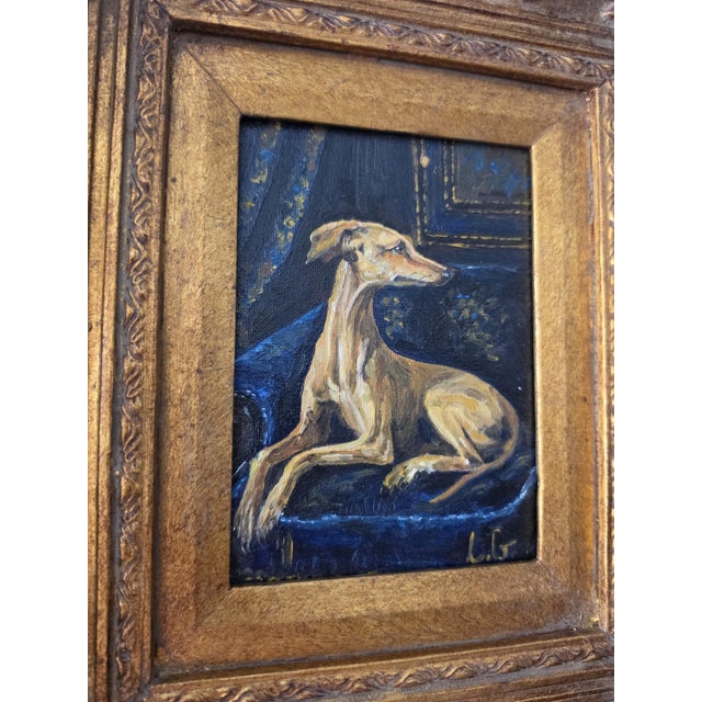Late 20th Century Original Greyhound Oil Painting, Hand Painted Whippet Portrait, Vintage Gilded Frame, Dog Lover Wall Art, One of a Kind Artwork For Sale - Image 12 of 14