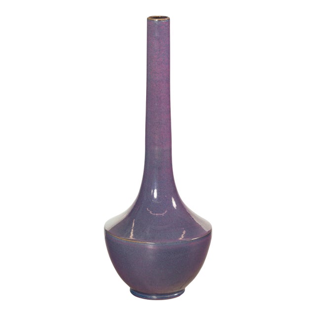 Tall Artisan Ceramic Vase with Purple Glaze and Slender Neck For Sale