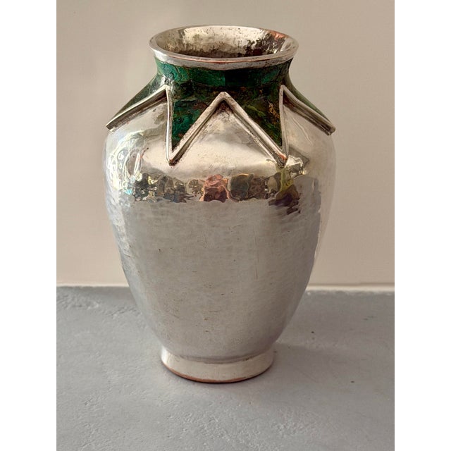 Mexican Vintage Emilia Castillo Taxco Brutalist Silver Plate and Malchite Vase For Sale - Image 3 of 11