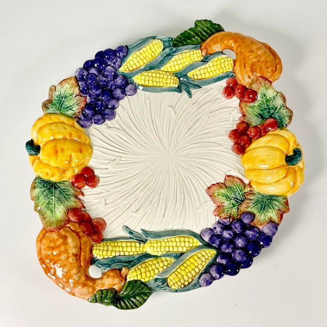 Vintage Boho Chic Fitz & Floyd Majolica Arts & Crafts Americana Fall Harvest Platter For Sale - Image 11 of 11