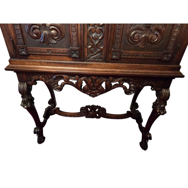 Antique Italian Renaissance Revival Walnut Marble Hutch China Liquor Cabinet Bar For Sale - Image 4 of 16