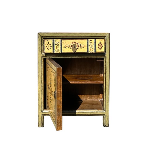 Asian Beige Base Floral Pattern Graphic Olive Green Body End Table Nightstand For Sale - Image 3 of 5
