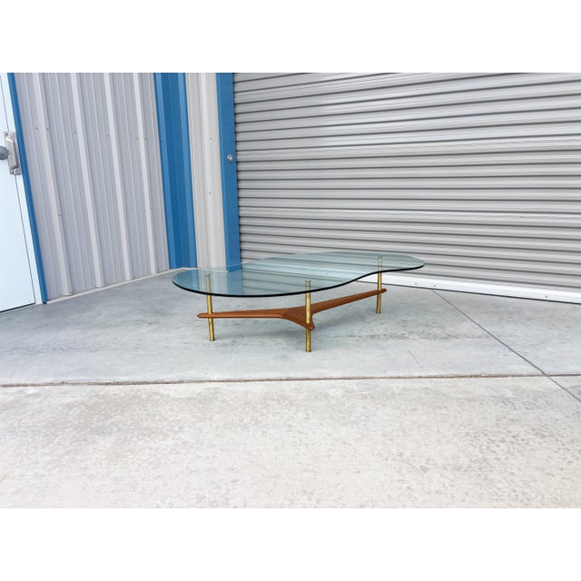 Wood 1960s Mid-Century Modern Freeform Glass Coffee Table With Walnut and Brass Base For Sale - Image 7 of 14