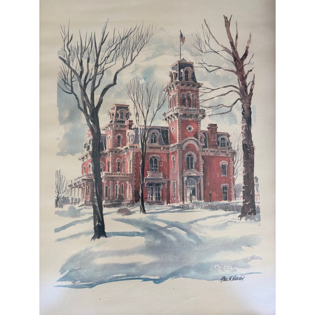 American Vintage Watercolor Print of the Hubbell Mansion (Terrace Hill) by Paul N. Norton, Winter Architectural Scene For Sale - Image 3 of 8