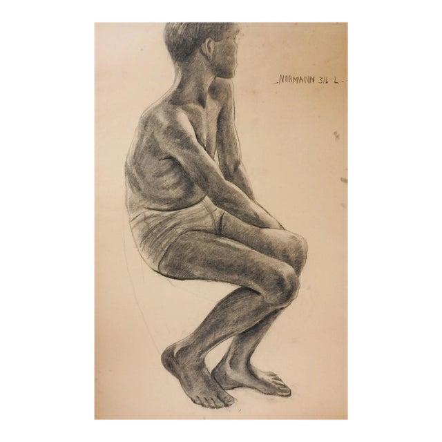 Vintage Mid Century Charles Normann Male Charcoal Drawing For Sale