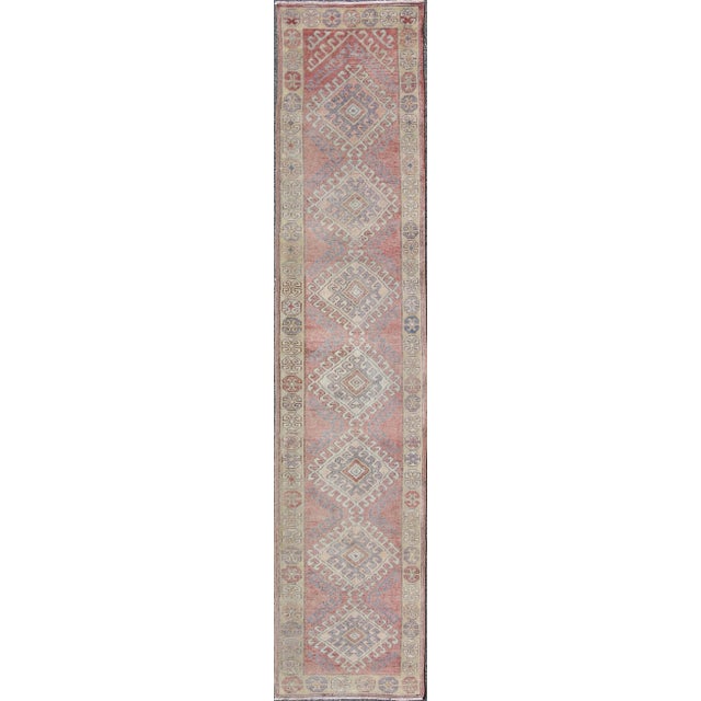 Vintage Turkish Oushak Runner in Soft Rose, Pale Blue, and Faded Ivory 2'11 X 14'3 For Sale - Image 9 of 9