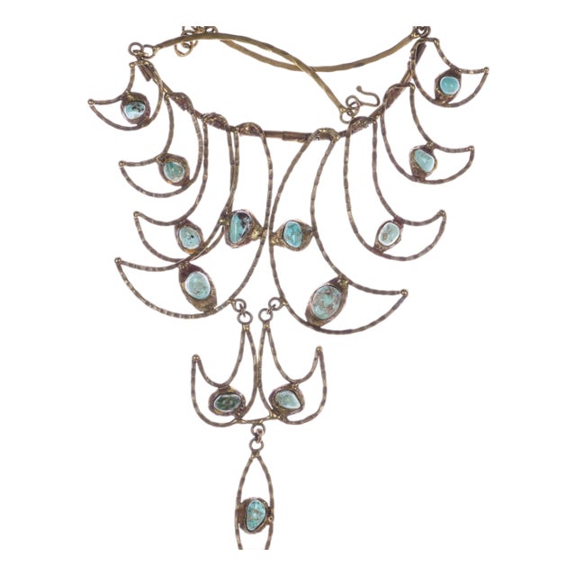 c1960's Pal Kepenyes brutalist Bronze turquoise statement necklace. For Sale
