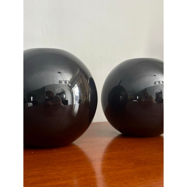Modern 1980s Post Modern Black High Gloss Circular Vases- a Pair For Sale - Image 3 of 8