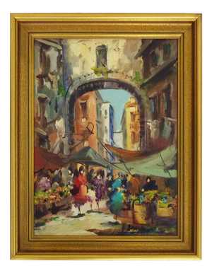 Unknown, Market Scene, 1980s, Oil on Cardboard and Wood
