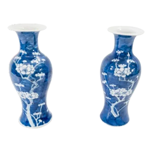19th or 20th Century Chinese Pair of Blue and White Prunus Garniture Vases